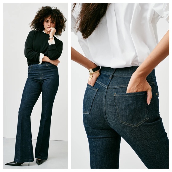 SPANX Pullon Women’s L Tall Blue Jeans Flare Bootcut Dark Wash 70's inspired - Picture 1 of 10